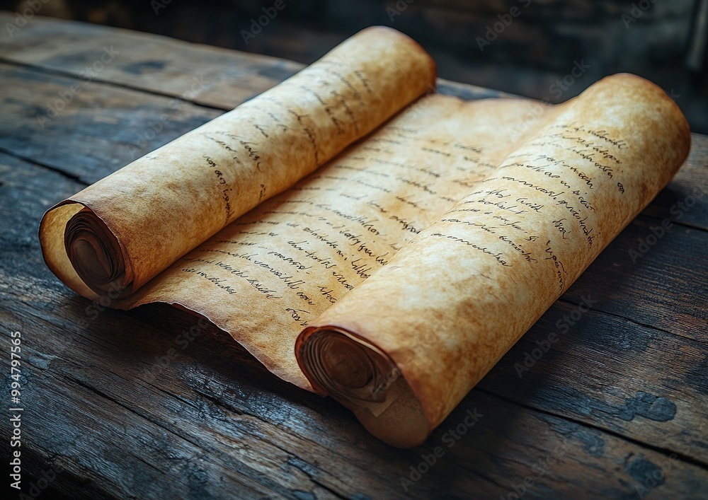 Close-up of ancient parchment paper unfurled on a wooden surface showcasing texture and details Close-up of ancient parchment paper unfurled on a wooden surface showcasing texture and details