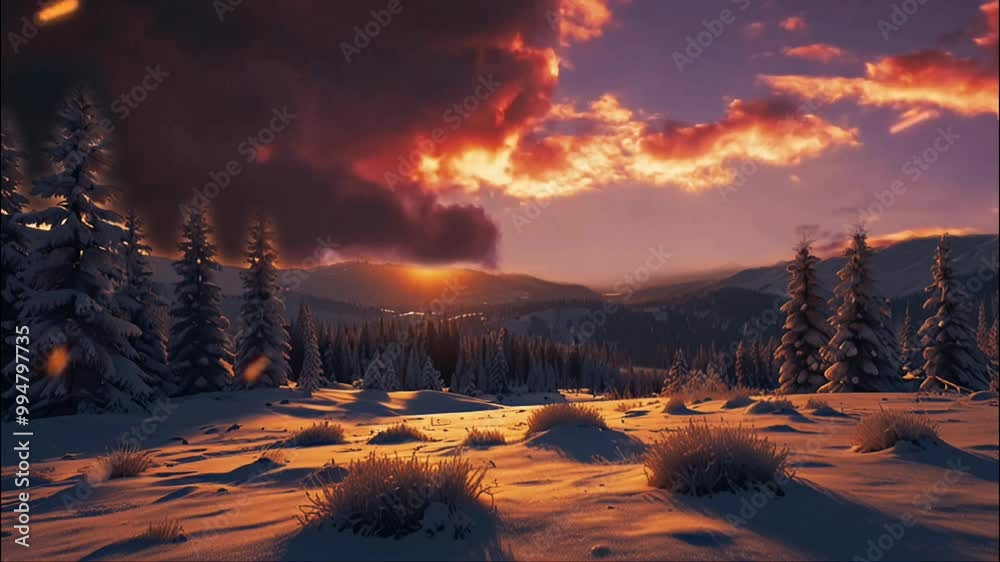Dramatic winter landscape at sunset, with snow-covered terrain, silhouetted trees, and a blazing sky with flames or cloud formations, creating a striking contrast and a sense of awe and natural power. Dramatic winter landscape at sunset, with snow-covered terrain, silhouetted trees, and a blazing sky with flames or cloud formations, creating a striking contrast and a sense of awe and natural power.