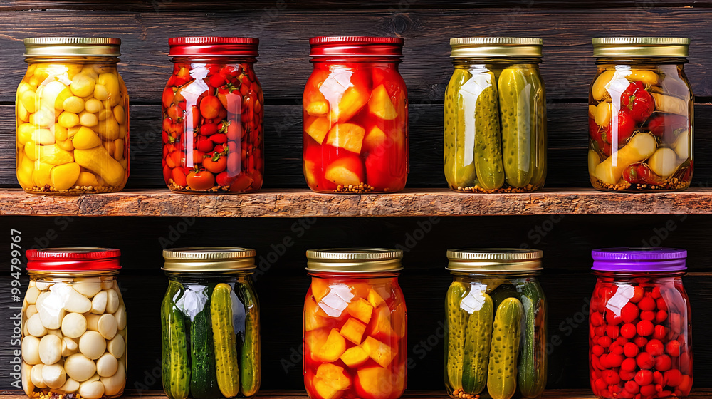 colorful jars of pickled vegetables arranged on rustic wooden shelves colorful jars of pickled vegetables arranged on rustic wooden shelves