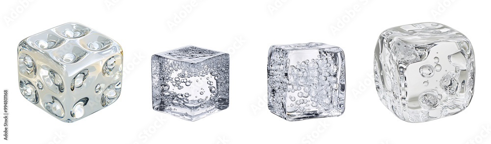 Four distinct ice cubes showcasing unique textures and shapes against a white background. Four distinct ice cubes showcasing unique textures and shapes against a white background.
