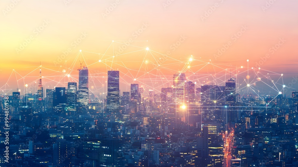 Fototapeta premium Modern cityscape network icons double exposure. 