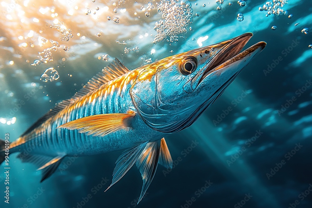 Fototapeta premium Stunning striped marlin gliding through clear blue waters, showcasing vibrant colors and elegance