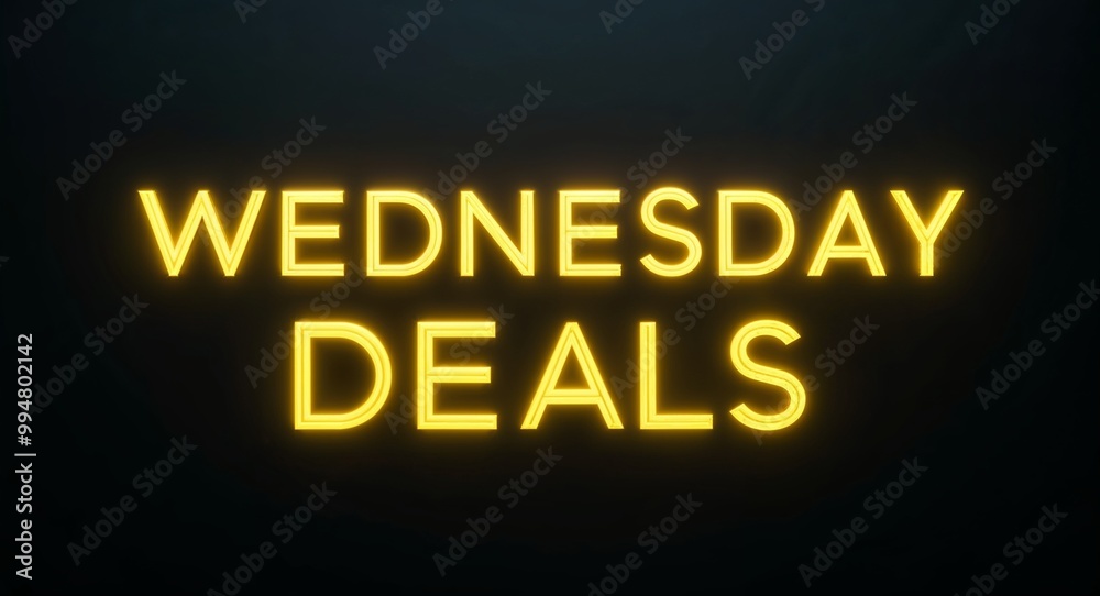 Wednesday deals word lettering with yellow glow on plain black dark background Wednesday deals word lettering with yellow glow on plain black dark background