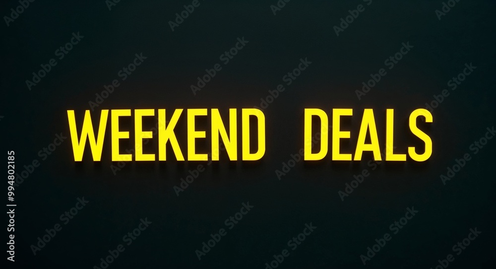 Fototapeta premium Weekend deals word lettering with yellow glow on plain black dark background