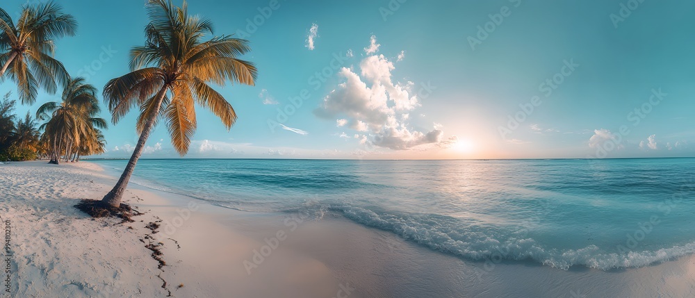 Obraz premium A clean white sandy beach stretches under a vast blue sky, with clear turquoise waters sparkling in the warm sunlight. Soft, foamy waves gently lap the shore perfect for eco-tourism posters or media.