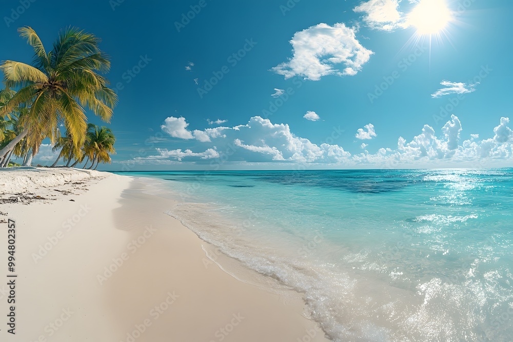 Fototapeta premium A clean white sandy beach stretches under a vast blue sky, with clear turquoise waters sparkling in the warm sunlight. Soft, foamy waves gently lap the shore perfect for eco-tourism posters or media.