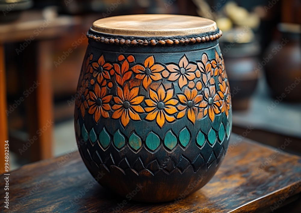 Vibrant Close-Up of a Handcrafted Wooden Drum Showcasing Intricate Designs and Rich Textures Vibrant Close-Up of a Handcrafted Wooden Drum Showcasing Intricate Designs and Rich Textures