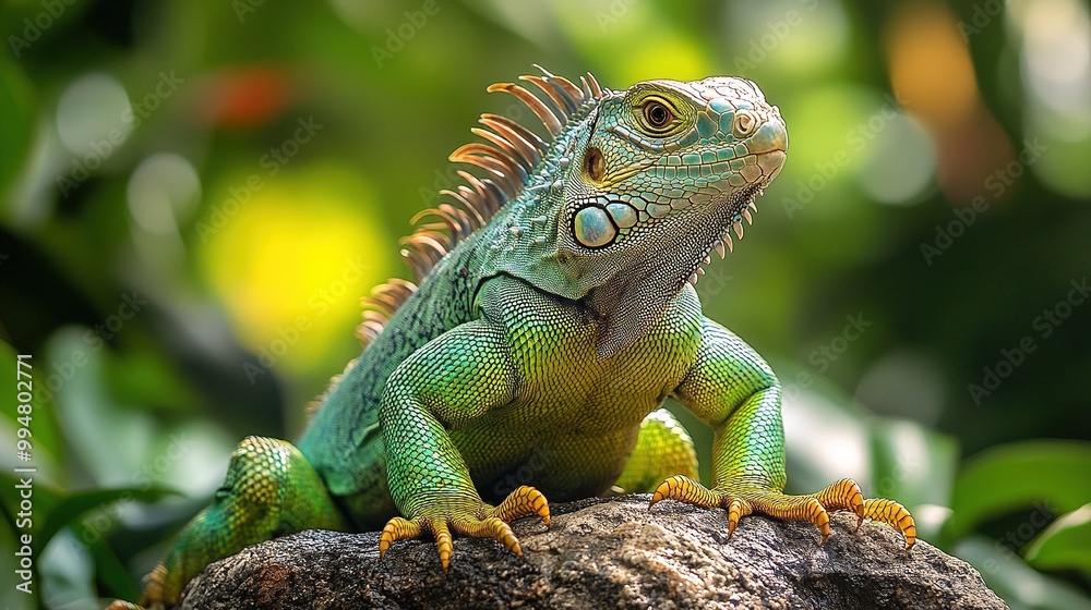 Vibrant Green Iguana Relaxing on a Sunlit Rock Surrounded by Lush Tropical Vegetation in Nature Vibrant Green Iguana Relaxing on a Sunlit Rock Surrounded by Lush Tropical Vegetation in Nature