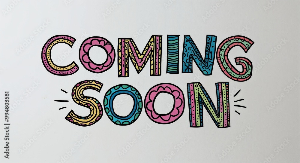 Fototapeta premium coming soon word lettering with groovy doodles drawing design on plain white background