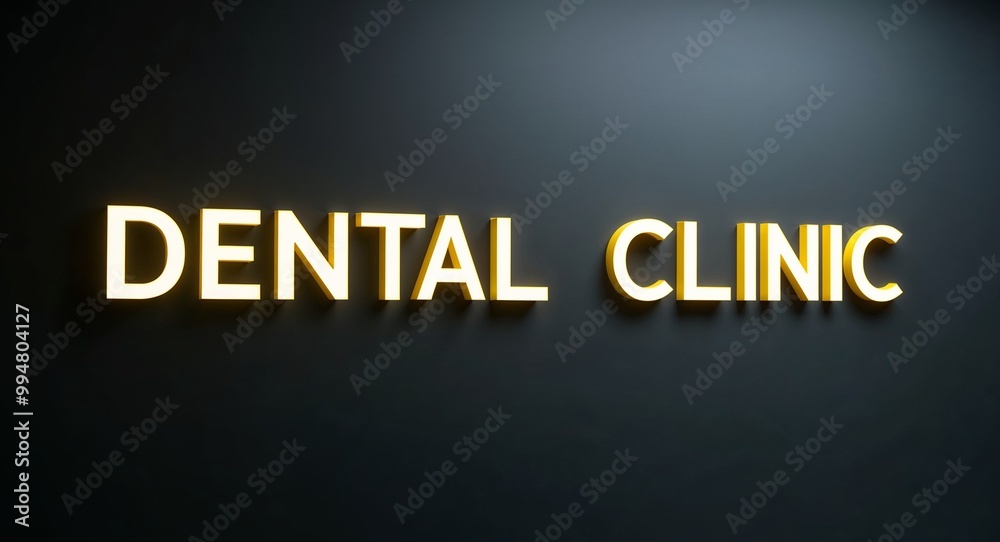 dental clinic word lettering with yellow glow on plain black dark background dental clinic word lettering with yellow glow on plain black dark background