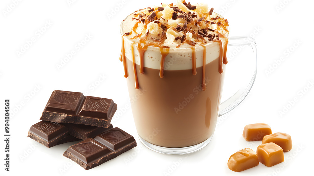 Spiced Caramel Mocha with caramel drizzle, a stack of chocolate squares, and a caramel candy beside the cup Spiced Caramel Mocha with caramel drizzle, a stack of chocolate squares, and a caramel candy beside the cup