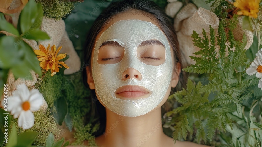 Woman with facial mask relaxing among plants and flowers Woman with facial mask relaxing among plants and flowers