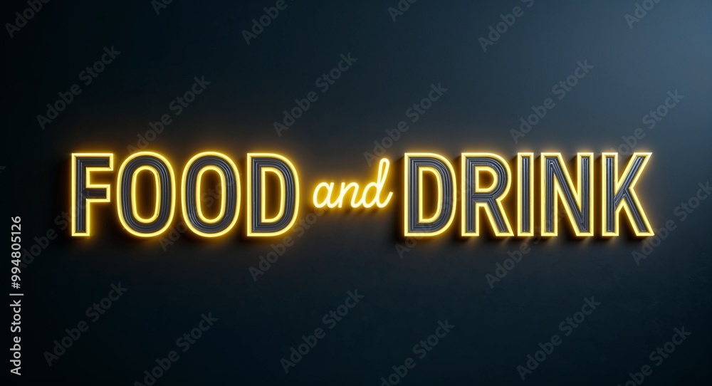Food and Drink word lettering with yellow glow on plain black dark background Food and Drink word lettering with yellow glow on plain black dark background