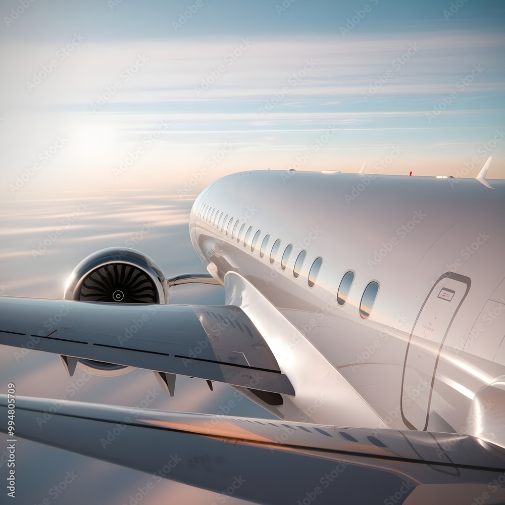 Fototapeta premium Aerial view of a sleek private jet soaring through a calm sky, emphasizing the curvature of the aircraft's wings