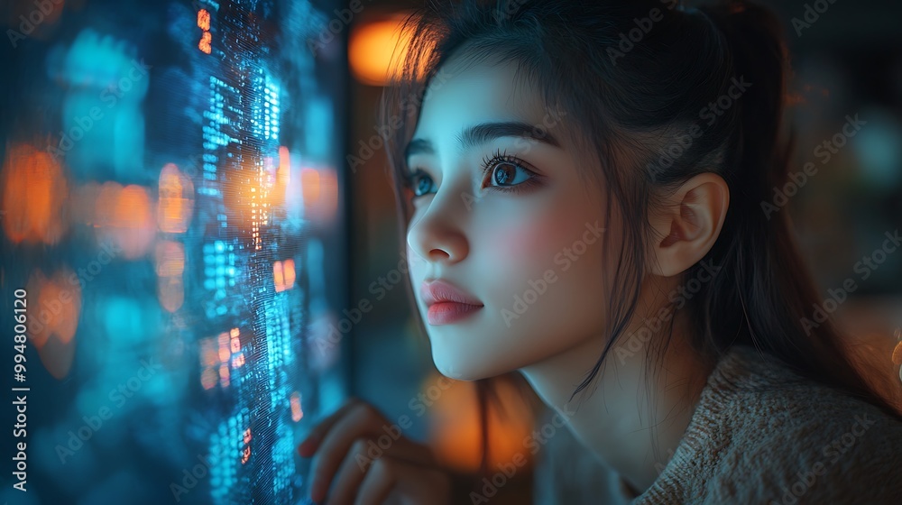 College student working on computer using AI artificial intelligence technology & machine learning. Interactive technology in classroom. Innovation & smart tech. AI blue holographic data in education College student working on computer using AI artificial intelligence technology & machine learning. Interactive technology in classroom. Innovation & smart tech. AI blue holographic data in education