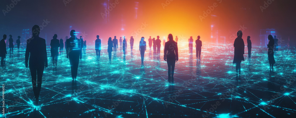 A digital network of silhouetted figures stands on glowing surface, symbolizing connectivity and collaboration in futuristic environment. vibrant colors evoke sense of innovation and technology A digital network of silhouetted figures stands on glowing surface, symbolizing connectivity and collaboration in futuristic environment. vibrant colors evoke sense of innovation and technology