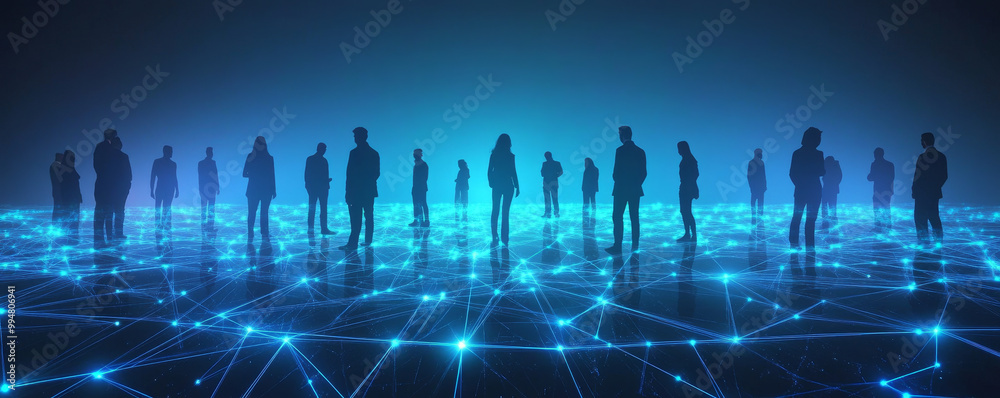 Digital network of silhouetted figures standing on glowing grid, representing connectivity and technology. scene evokes sense of collaboration and innovation in modern world Digital network of silhouetted figures standing on glowing grid, representing connectivity and technology. scene evokes sense of collaboration and innovation in modern world