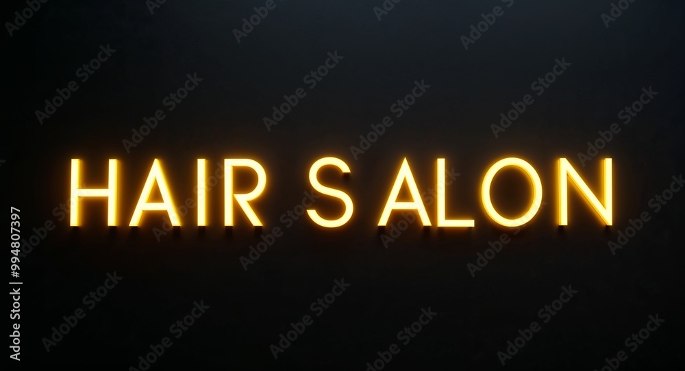 Hair salon word lettering with yellow glow on plain black dark background Hair salon word lettering with yellow glow on plain black dark background