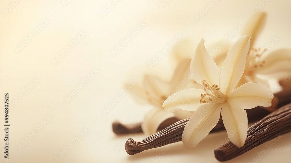 vanilla, vanilla fragrance concept: a minimalist scene centered on a pair of vanilla beans and delicate vanilla blossoms vanilla, vanilla fragrance concept: a minimalist scene centered on a pair of vanilla beans and delicate vanilla blossoms
