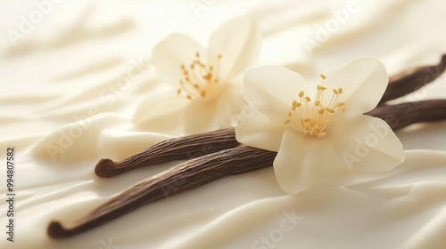 vanilla, vanilla fragrance concept: a minimalist scene centered on a pair of vanilla beans and delicate vanilla blossoms