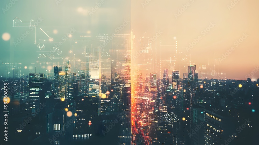 Fototapeta premium Modern cityscape network icons double exposure.