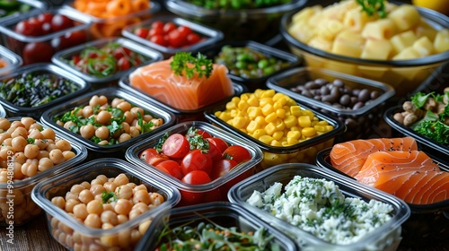 Healthy meal prep containers with chickpeas, chicken, tomatoes, cucumbers and avocados. Healthy lunch in glass containers on beige rustic background. Zero waste concept. Selective focus.