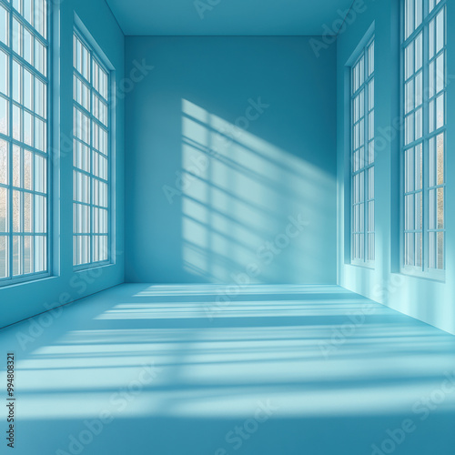 serene pastel blue studio with large windows casting soft shadows on floor, creating tranquil and inviting atmosphere. Perfect for various creative projects