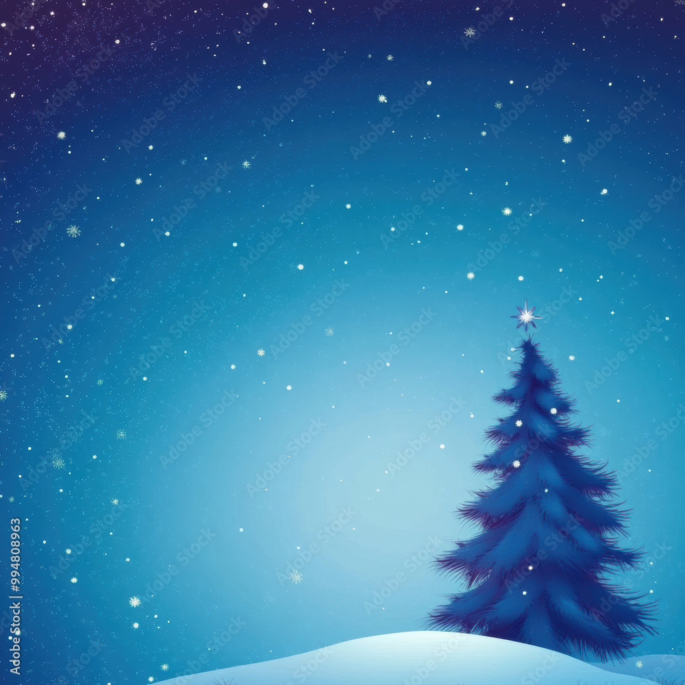 serene winter scene featuring snow covered landscape with beautifully decorated Christmas tree under starry sky. blue gradient background enhances festive atmosphere serene winter scene featuring snow covered landscape with beautifully decorated Christmas tree under starry sky. blue gradient background enhances festive atmosphere