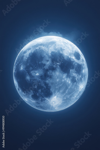 stunning full moon illuminates night sky with soft blue glow, surrounded by wispy clouds, creating serene and mystical atmosphere