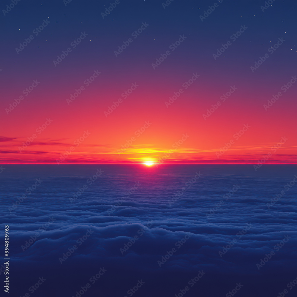 Fototapeta premium stunning sunset over sea of clouds, showcasing vibrant hues of orange, pink, and purple blending into deep blue sky. serene atmosphere evokes sense of peace and wonder