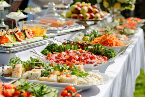 Catering food on long table, Party