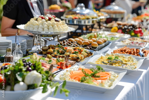 Catering food on long table, Party