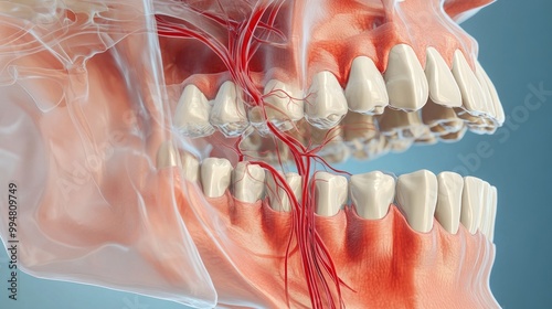 3D Illustration of Human Jaw with Visible Blood Vessels and Teeth. photo