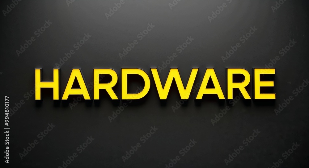 Fototapeta premium Hardware word lettering with yellow glow on plain black dark background