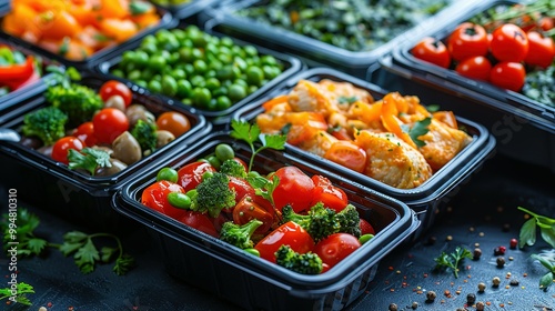 Healthy meal prep containers with chickpeas, chicken, tomatoes, cucumbers and avocados. Healthy lunch in glass containers on beige rustic background. Zero waste concept. Selective focus.