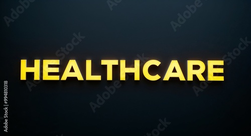 healthcare word lettering with yellow glow on plain black dark background