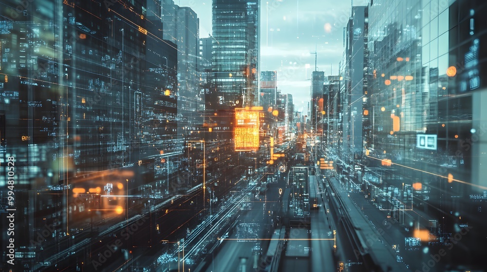 Modern cityscape network icons double exposure. Modern cityscape network icons double exposure.