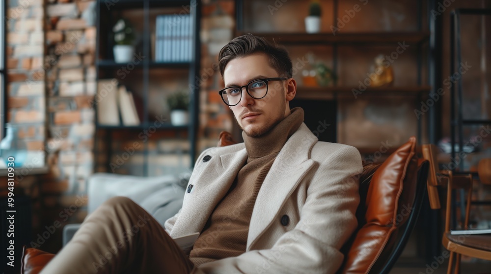 Modern Professional Man in Cozy Setting – Stylish Businessman with Eyeglasses Relaxing in Contemporary Office Lounge Modern Professional Man in Cozy Setting – Stylish Businessman with Eyeglasses Relaxing in Contemporary Office Lounge