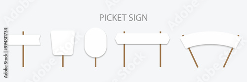 Set of Empty picket banner frame collection. Blank demonstration banners with wood sticks. Vector Illustration.