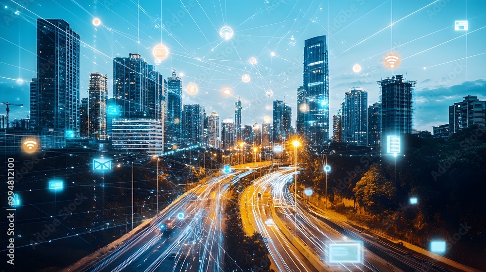 Fototapeta premium Modern cityscape network icons double exposure.