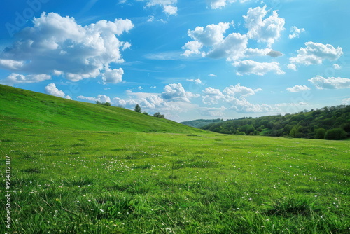 Smooth meadow on the hill with blue sky, beautiful landscape