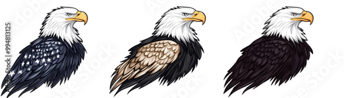 Cartoon Bald American Eagle With Flag Motif in Full. Color, Black. And. White, and Sepia Tone. Isolated on a Transparent Background. Cutout PNG.