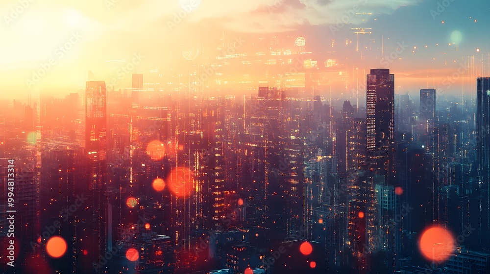 Fototapeta premium Modern cityscape network icons double exposure. 