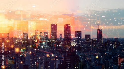 Wallpaper Mural Modern cityscape network icons double exposure.  Torontodigital.ca