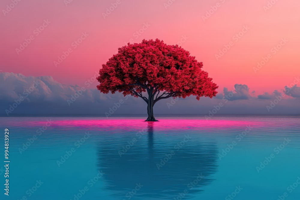 A fantastical tree growing in the middle of a vibrant, glowing sea, representing the blending of nature and creativity A fantastical tree growing in the middle of a vibrant, glowing sea, representing the blending of nature and creativity
