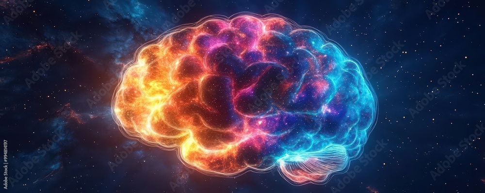 A glowing, multicolored nebula in the shape of a human brain, symbolizing the vastness of human imagination A glowing, multicolored nebula in the shape of a human brain, symbolizing the vastness of human imagination