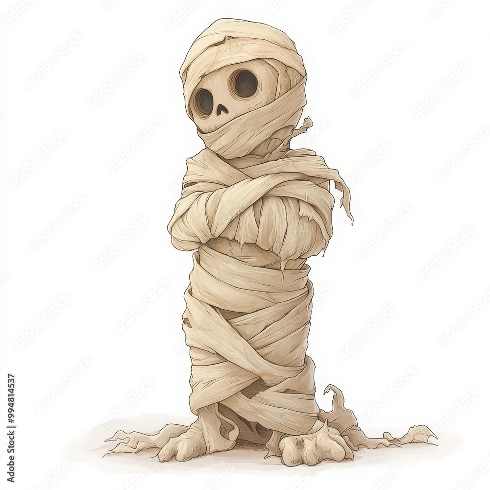 A mummy wrap clipart, Halloween element, cartoon style, aged white, isolated on white background A mummy wrap clipart, Halloween element, cartoon style, aged white, isolated on white background