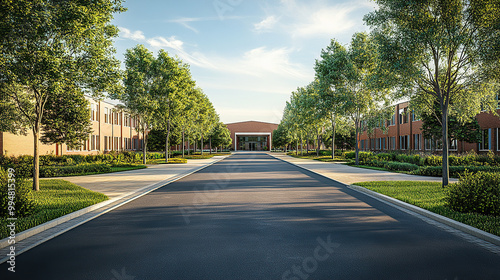 Photorealistic rendering of an asphalt driveway in front of modern buildings