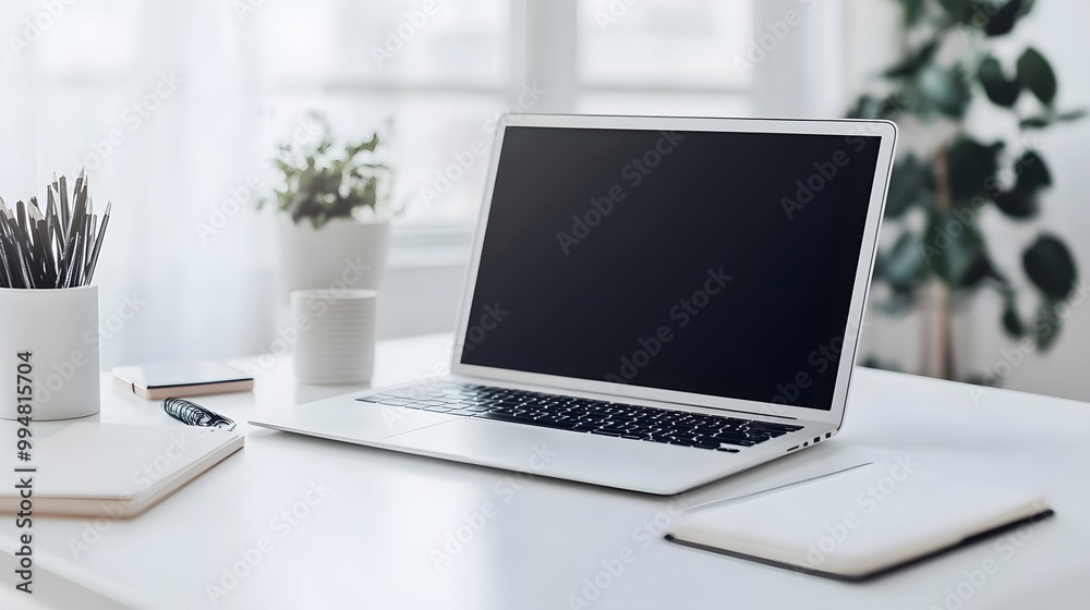 A white desk with only a laptop and a notebook in a bright indoor office, creating a minimal yet functional workspace, photographed in portrait.