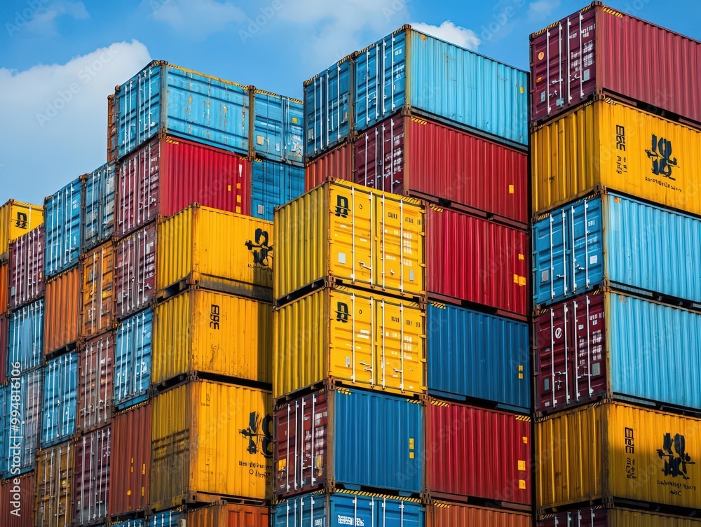 Cargo containers held up by red tape, bureaucratic trade obstacle, international shipping delay Cargo containers held up by red tape, bureaucratic trade obstacle, international shipping delay